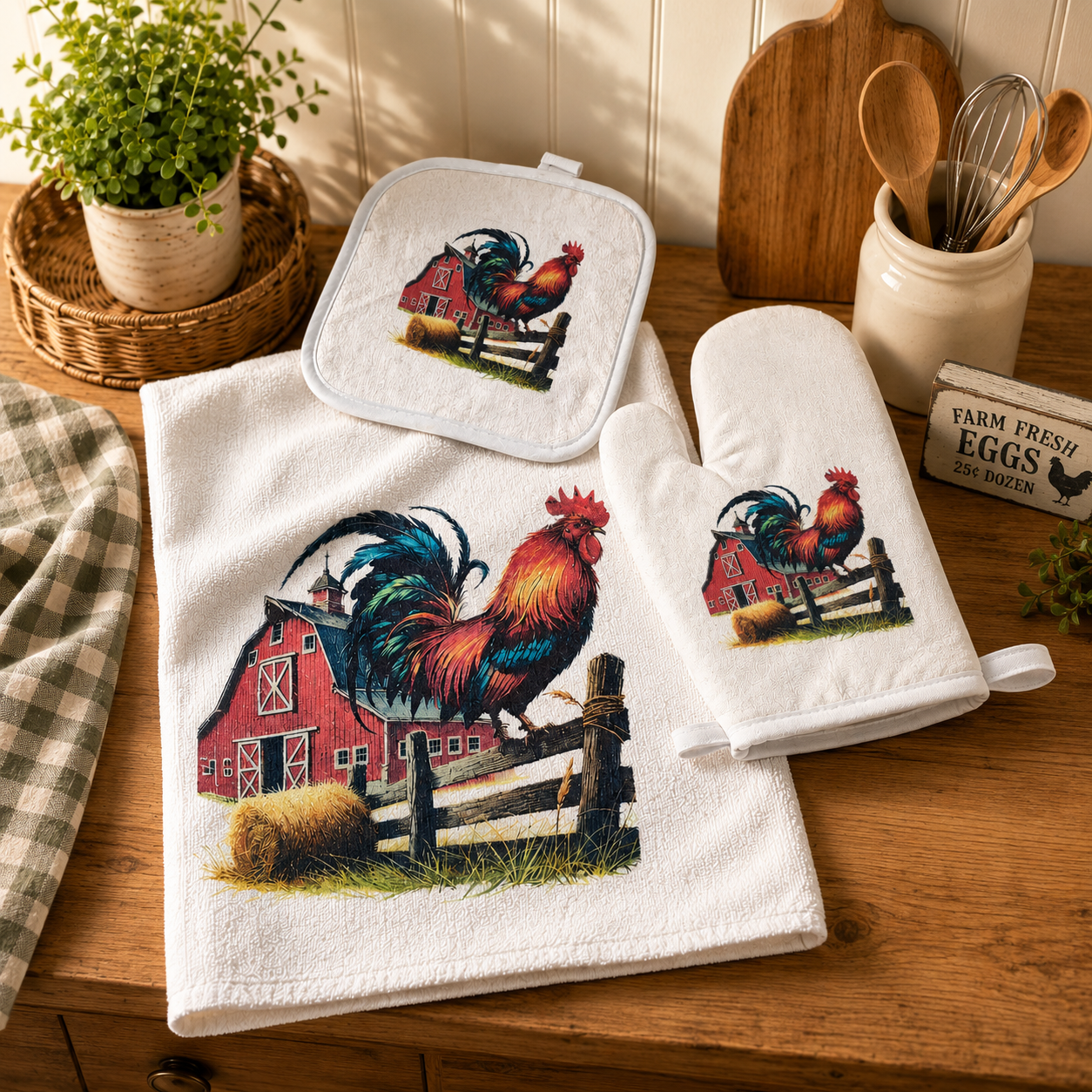 Rustic Rooster Terry Cloth Kitchen Towel Set